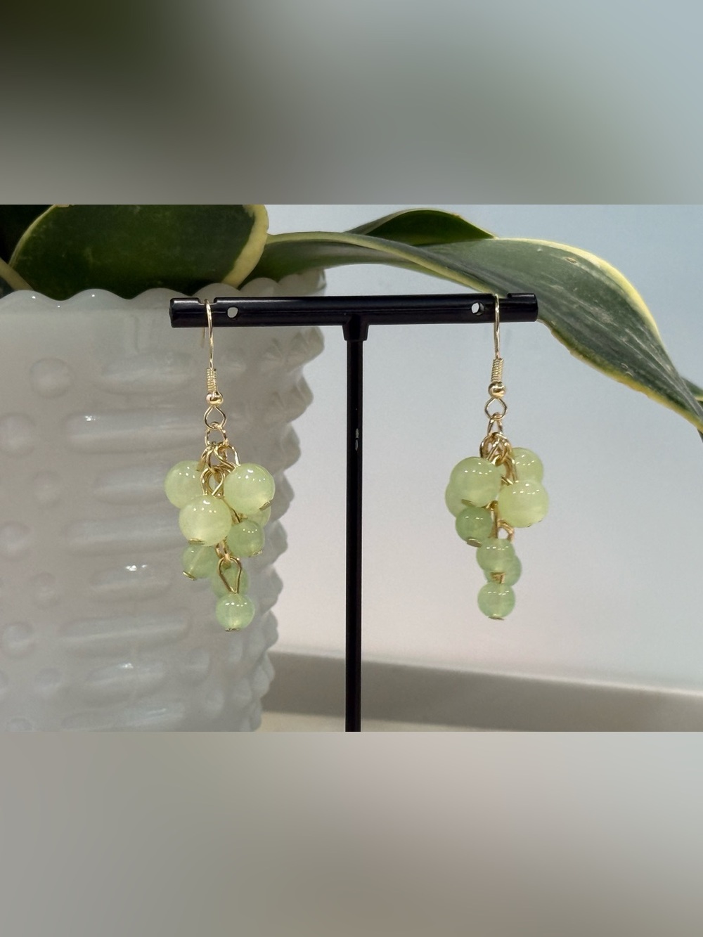 Gold Drop Grape-Like Earrings with Pale Green Beads